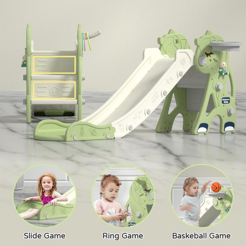 Sephyroth Kids Slide for Toddler - 4 in 1 Indoor Plastic Freestanding Slide for Toddler Outdoor Playground Climber Slide Playset with Basketball Hoop & Ring Game(Unicorn Green) - Image 4
